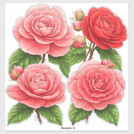 鮮やかな椿とバラのブーケ シール (シート)