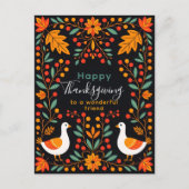 鮮やかな民俗芸術のガチョウと紅葉の感謝祭 ポストカード (正面)