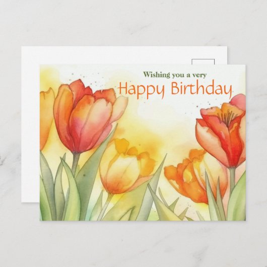 鮮やかな水彩のチューリップ お誕生日おめでとう ポストカード (正面/裏面)