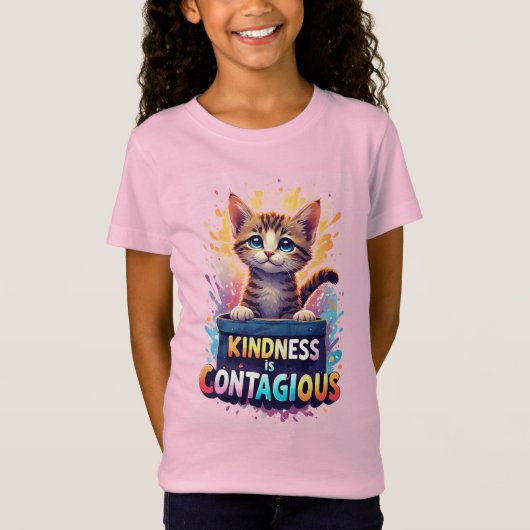 鮮やかな水彩の飛沫と愛らしい子猫 Tシャツ (正面)
