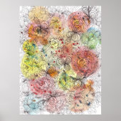 鮮やかな水彩グラデーションの花の落書きアート ポスター (正面)