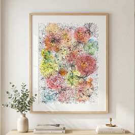 鮮やかな水彩グラデーションの花の落書きアート ポスター