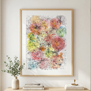 鮮やかな水彩グラデーションの花の落書きアート ポスター