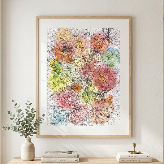 鮮やかな水彩グラデーションの花の落書きアート ポスター