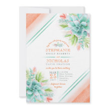 鮮やかな水彩グリーンのオレンジの結婚式の招待状