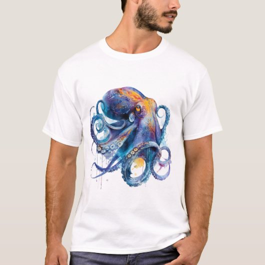 鮮やかな水彩タコ — 海岸の海洋アート Tシャツ (正面)