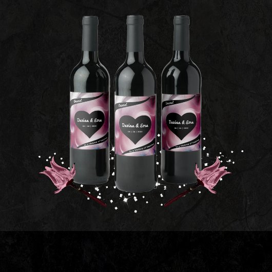 鮮やかな水彩ピンク結婚ズ ワインラベル