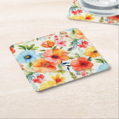 鮮やかな水彩ポピー花柄コースター スクエアペーパーコースター (アングル)