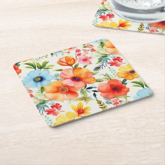 鮮やかな水彩ポピー花柄コースター スクエアペーパーコースター (アングル)