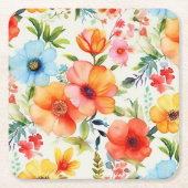 鮮やかな水彩ポピー花柄コースター スクエアペーパーコースター (正面)