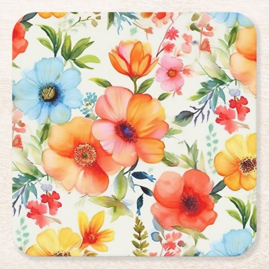 鮮やかな水彩ポピー花柄コースター スクエアペーパーコースター (正面)