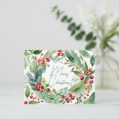 鮮やかな水彩画のホリーベリーのリース　クリスマス シーズンポストカード (スタンド正面)