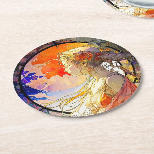 鮮やかな水彩画の少女紙コースター ラウンドペーパーコースター (アングル)