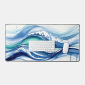 鮮やかな水彩画の海洋波抽象画 デスクマット (キーボード&マウス)
