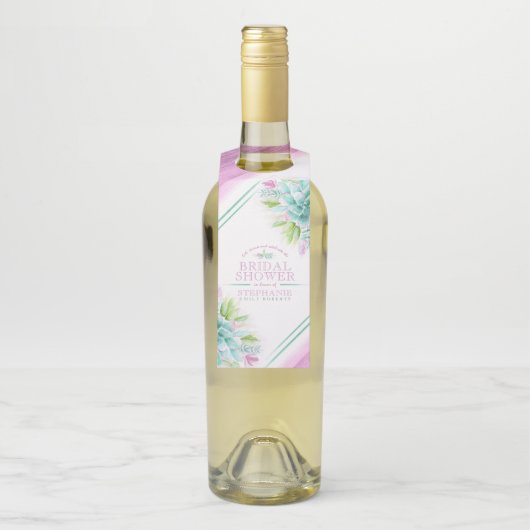 鮮やかな水彩画の緑とピンクの結婚式カスタム ボトルネックタグ (ボトル)