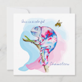 鮮やかな水彩色のカメレオンと蜂 招待状