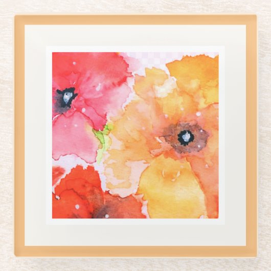 鮮やかな水彩花のデザインのパーティーナプキン(ランチョンサイズ) ガラスコースター (正面)