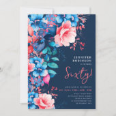 鮮やかな水彩花の60歳誕生日ネイビー 招待状 (正面)