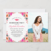 鮮やかな水彩花イラストの卒業パーティ写真 招待状 (正面)