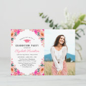 鮮やかな水彩花イラストの卒業パーティ写真 招待状 (スタンド正面)