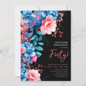 鮮やかな水彩花柄 40歳誕生日 黒 招待状 (正面)