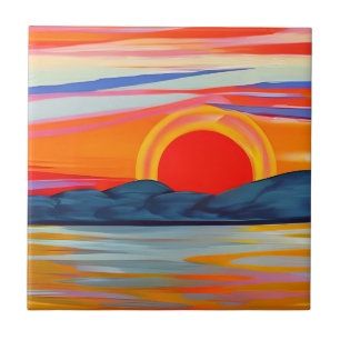 鮮やかな海の山の上の夕日 タイル