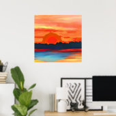 鮮やかな海サンセットインファイアリーオレンジ ポスター (ホームオフィス)