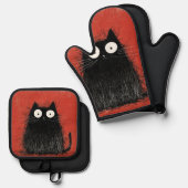 鮮やかな深紅の背景のびっくり黒猫 鍋つかみ&鍋敷きセット (正面/裏面)