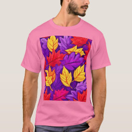 鮮やかな漫画の葉: 紫、黄色、赤 Tシャツ