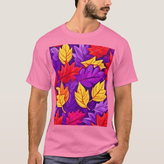 鮮やかな漫画の葉: 紫、黄色、赤 Tシャツ (正面)