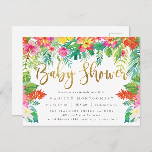 鮮やかな熱帯ハイビスカスの群葉の金ゴールドのベビーシャワー インビテーションポストカード (正面/裏面)