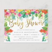 鮮やかな熱帯ハイビスカスの群葉の金ゴールドのベビーシャワー インビテーションポストカード (正面)