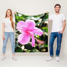 鮮やかな熱帯ピンクのハイビスカス フリースブランケット