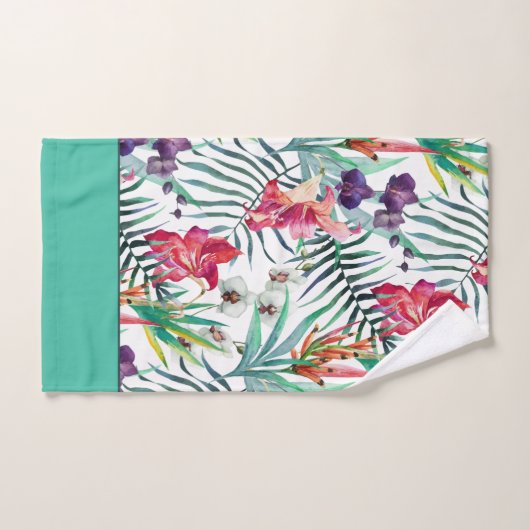 鮮やかな熱帯花の模様(アクア付縁ど) バスタオルセット (ハンドタオル)