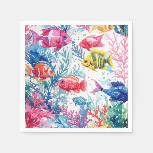 鮮やかな熱帯魚の水彩海の生物のパターン スタンダードカクテルナプキン (正面)