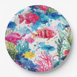 鮮やかな熱帯魚の水彩海の生物のパターン ペーパープレート