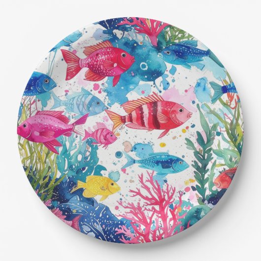 鮮やかな熱帯魚の水彩海の生物のパターン ペーパープレート (正面)