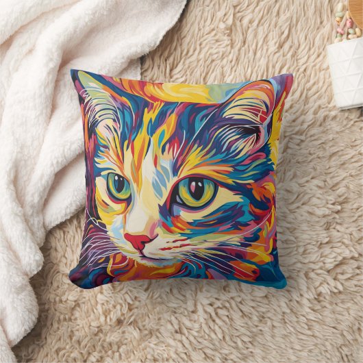 鮮やかな猫の顔の油絵のクッション クッション (ブランケット)