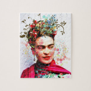 鮮やかな現代民俗スタイルの花の肖像画アート ジグソーパズル