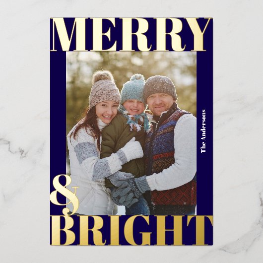 鮮やかな現代的なネイビーブルーの楽しいクリスマス写真 箔シーズンカード (正面)