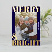鮮やかな現代的なネイビーブルーの楽しいクリスマス写真 箔シーズンカード (立ち正面)