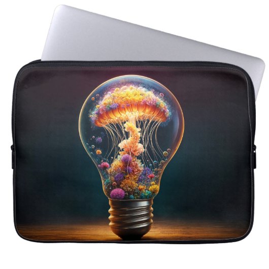 鮮やかな生物発光のクラゲが電気のような輝きを放つ ラップトップスリーブ (正面)