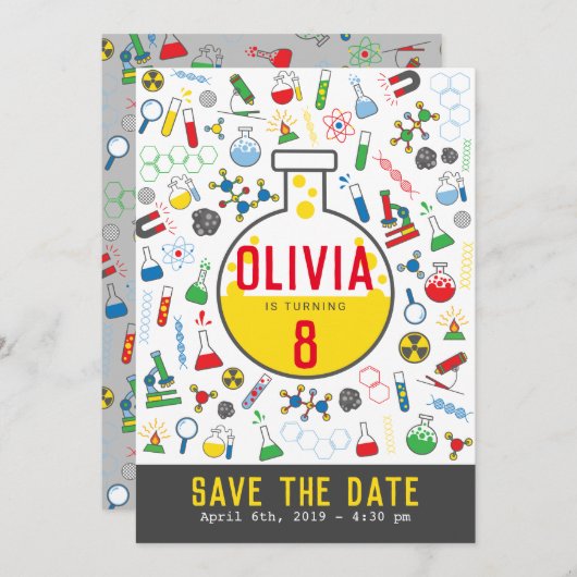 鮮やかな男女問わない理科試験管 招待状 (正面/裏面)