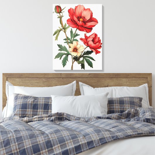 鮮やかな白い背景に赤いケシを打つ キャンバスプリント (インサイチュ (寝室))