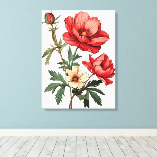 鮮やかな白い背景に赤いケシを打つ キャンバスプリント (インサイチュ (ウッドフロア))