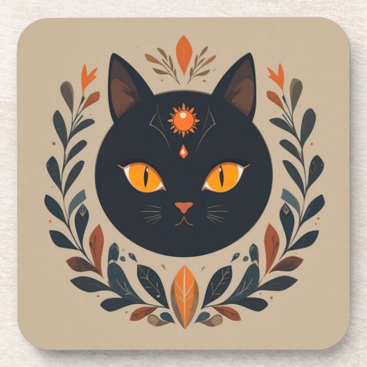 鮮やかな目をした黒猫のイラスト コースター (正面)