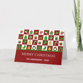 鮮やかな真っ赤なクリスマスパターンのカスタムネーム カード
