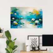 鮮やかな睡蓮の花のアート、抽象的な湖の風景 ポスター (ホームオフィス)