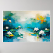 鮮やかな睡蓮の花のアート、抽象的な湖の風景 ポスター (正面)