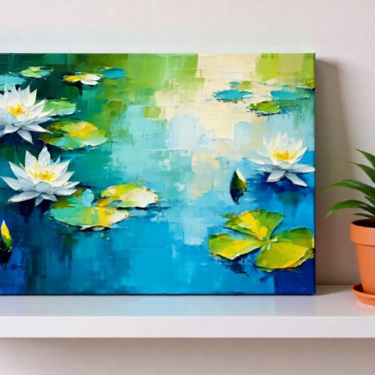 鮮やかな睡蓮の花のアート、抽象的な湖の風景 ポスター
